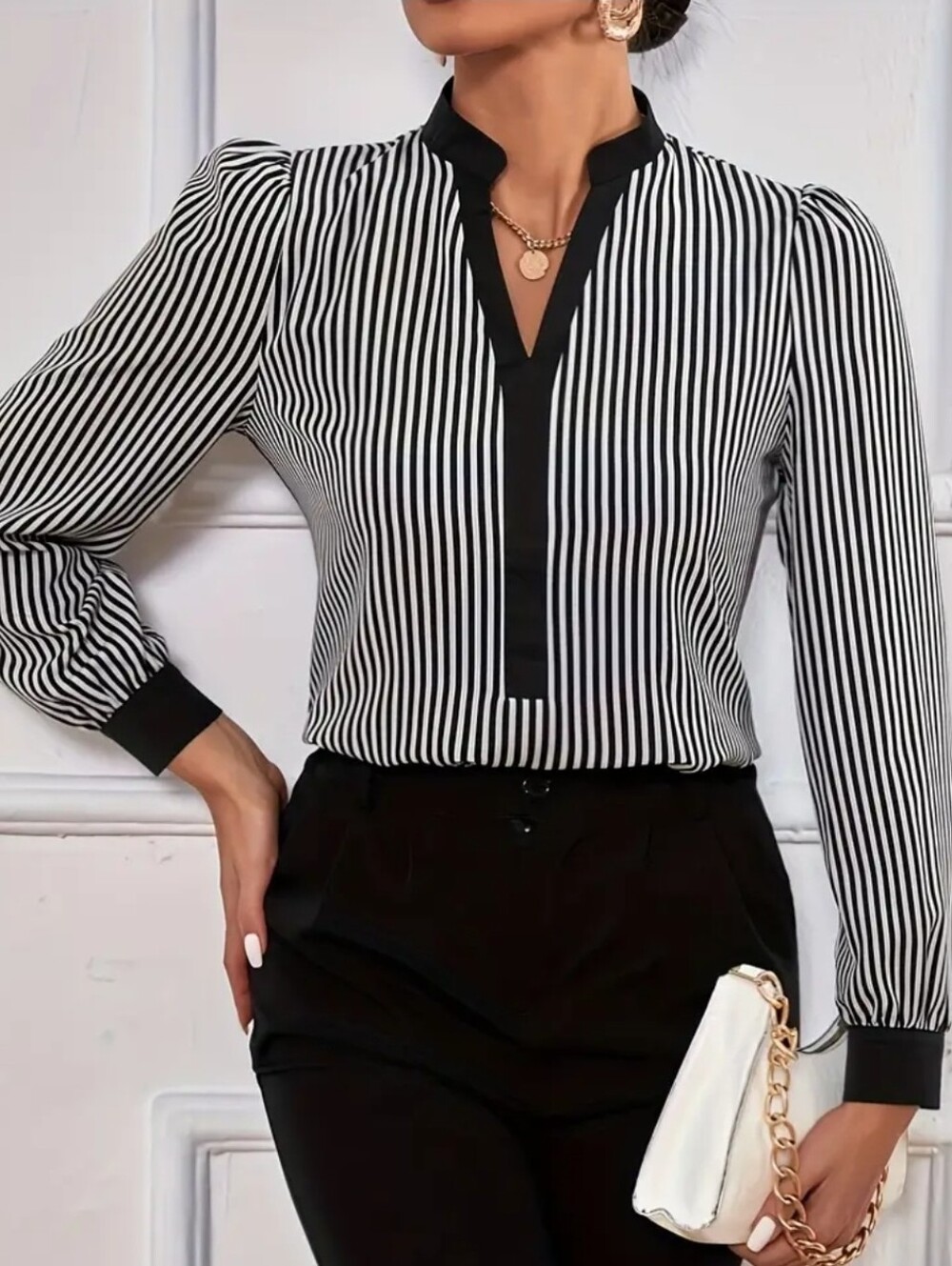 Express Black & White Vertical Stripe V-Neck Blouse